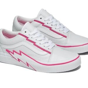 Vans White Sneakers with Pink Lightning Accent